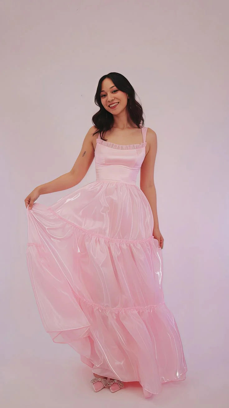 Stylish A Line Spaghetti Straps Pink Long Full Of Charm Prom Dress